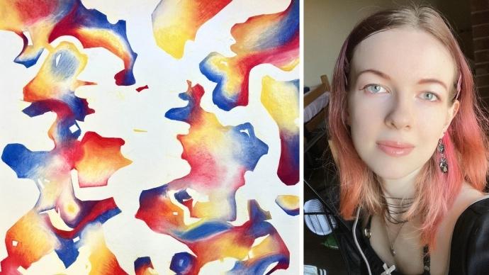 安妮卡·怀亚特的头像(左)和她的艺术作品(右)的拼贴画。